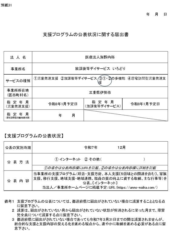 支援プログラムの公表状況に関する届出書
